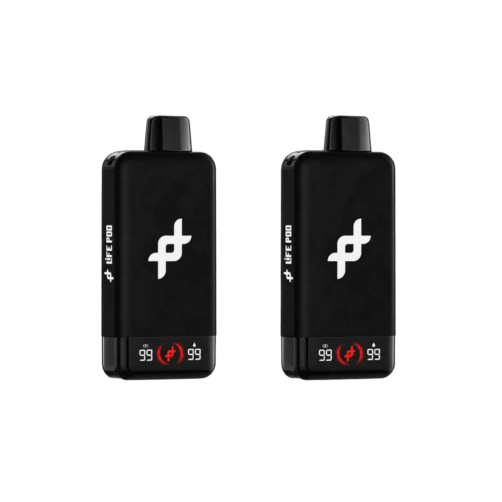 Pack com 2 unidades do vape Life Pod FIT 30.000 puffs preto, lado a lado, em fundo branco