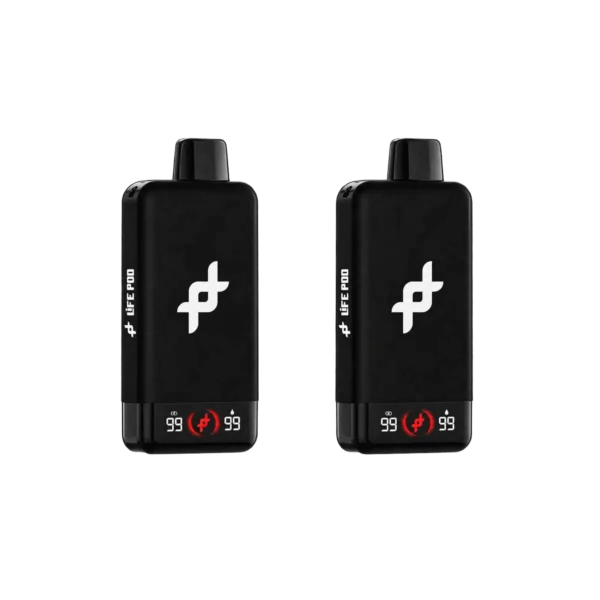 Pack com 2 unidades do vape Life Pod FIT 30.000 puffs preto, lado a lado, em fundo branco