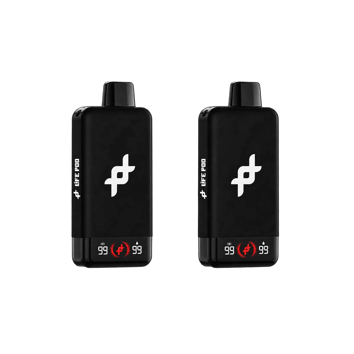 Pack com 2 unidades do vape Life Pod FIT 30.000 puffs preto, lado a lado, em fundo branco