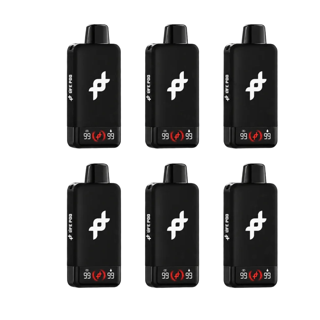 Pack com 6 unidades do vape Life Pod FIT 30.000 puffs preto, em duas fileiras, em fundo branco