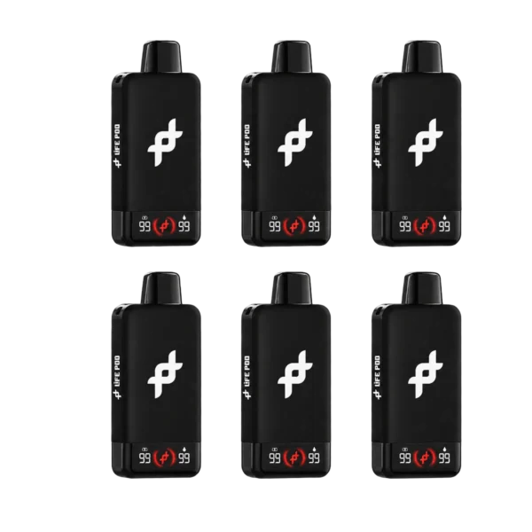 Pack com 6 unidades do vape Life Pod FIT 30.000 puffs preto, em duas fileiras, em fundo branco