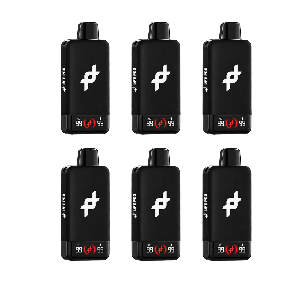 Pack com 6 unidades do vape Life Pod FIT 30.000 puffs preto, em duas fileiras, em fundo branco