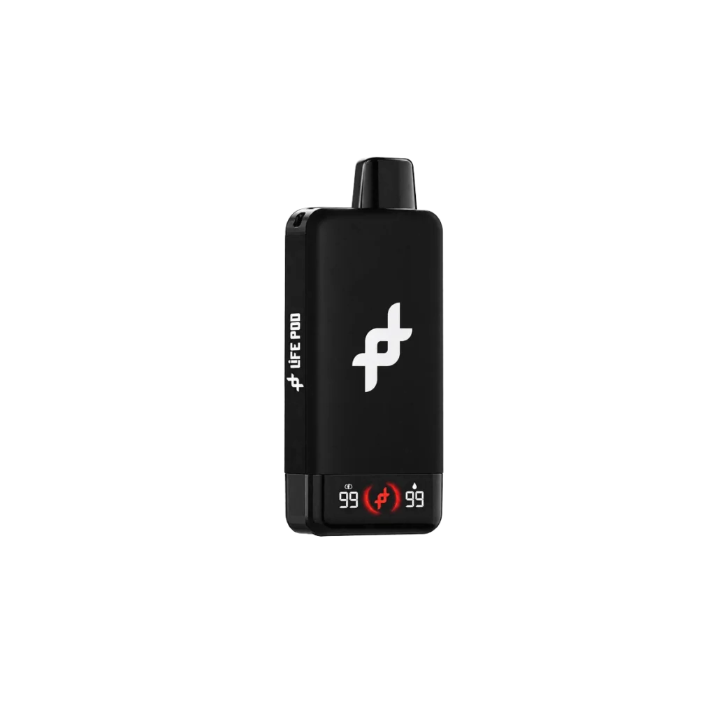 Vape Life Pod FIT 30.000 puffs preto, com visor duplo de bateria e de líquido, em fundo branco