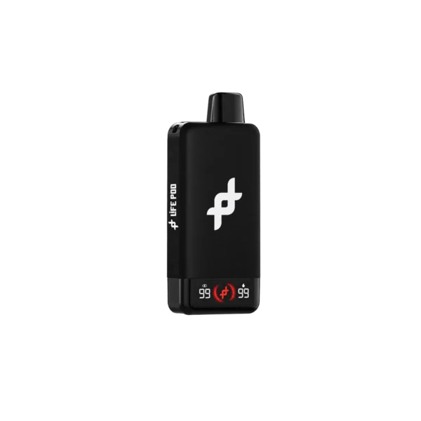 Vape Life Pod FIT 30.000 puffs preto, com visor duplo de bateria e de líquido, em fundo branco