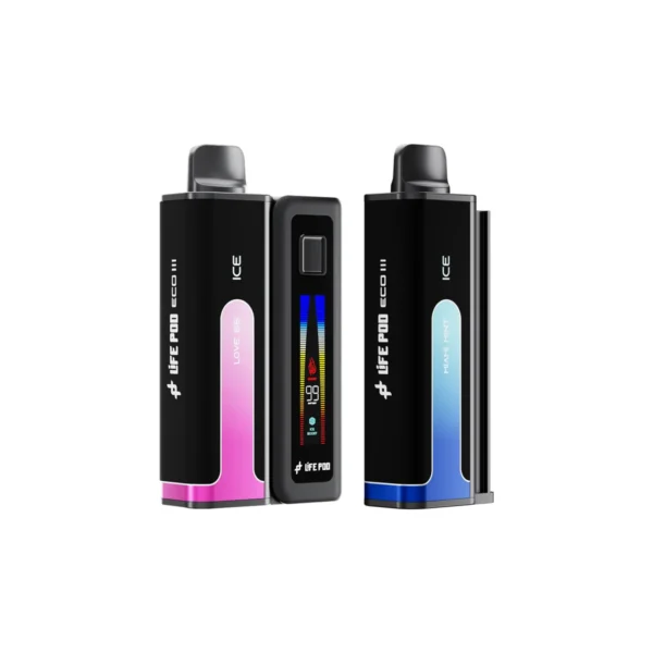 Kit Life Pod Eco 3 com 2 refis: a bateria com o refil Love 66 encaixado e um refil Miami Mint ao lado, em fundo branco
