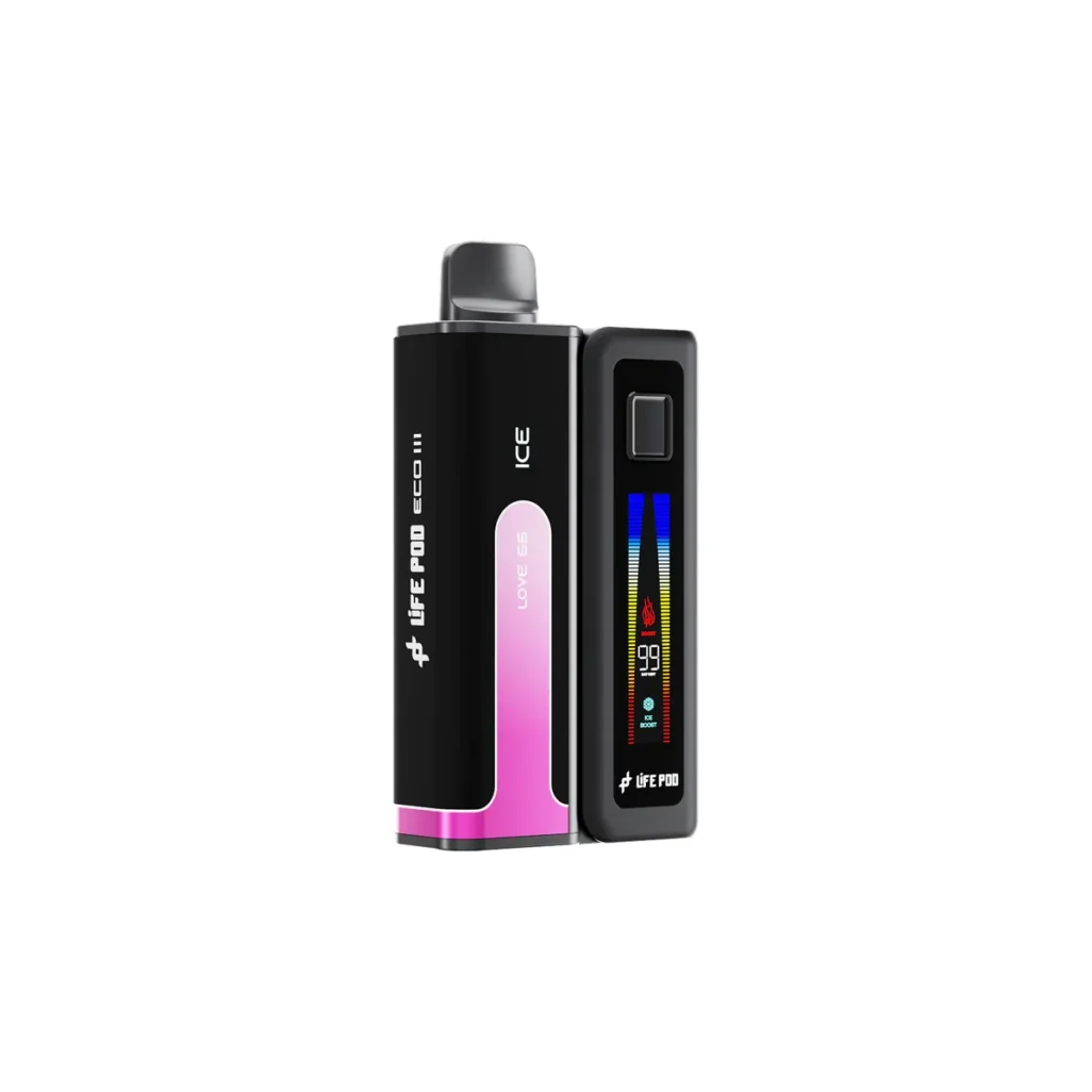 Kit Life Pod Eco 3: bateria com visor colorido e o refil Love 66 encaixado, em fundo branco