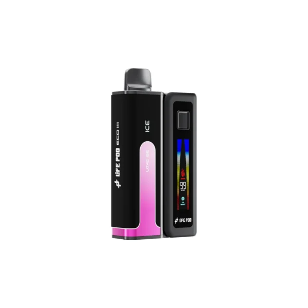 Kit Life Pod Eco 3: bateria com visor colorido e o refil Love 66 encaixado, em fundo branco