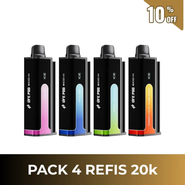 Pack com 4 refis Life Pod Eco 3 20.000 puffs lado a lado, em fundo branco, com selo de 10% de desconto