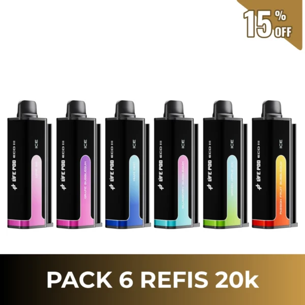 Pack com 6 refis Life Pod Eco 3 20.000 puffs lado a lado, em fundo branco, com selo de 15% de desconto