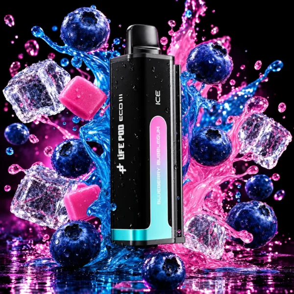 Refil Life Pod Eco 3 20.000 puffs sabor Blueberry Bubblegum (chiclete de mirtilo), cartucho de frente com splash de fruta e gelo