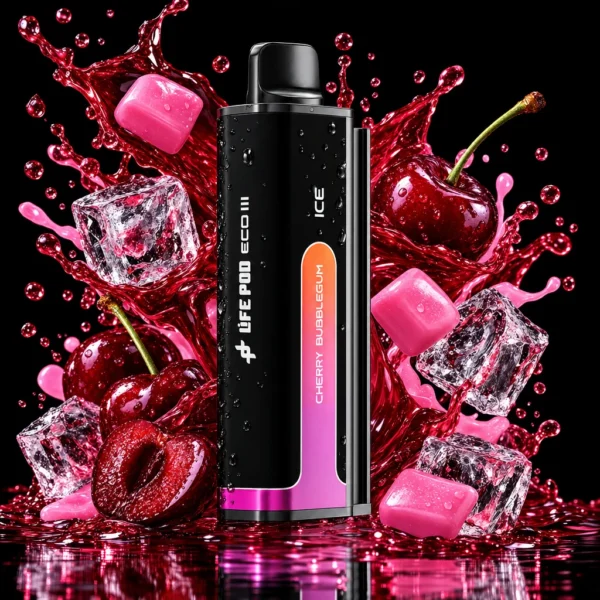 Refil Life Pod Eco 3 20.000 puffs sabor Cherry Bubblegum (chiclete de cereja), cartucho de frente com splash de fruta e gelo