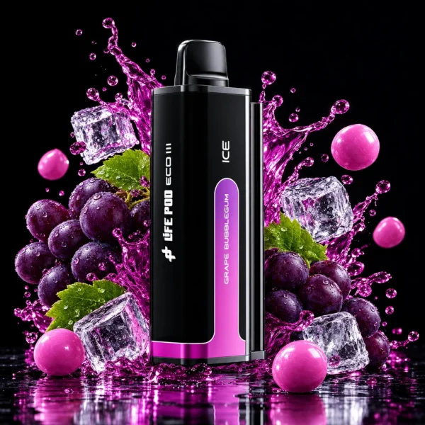 Refil Life Pod Eco 3 20.000 puffs sabor Grape Bubblegum (chiclete de uva), cartucho de frente com splash de fruta e gelo