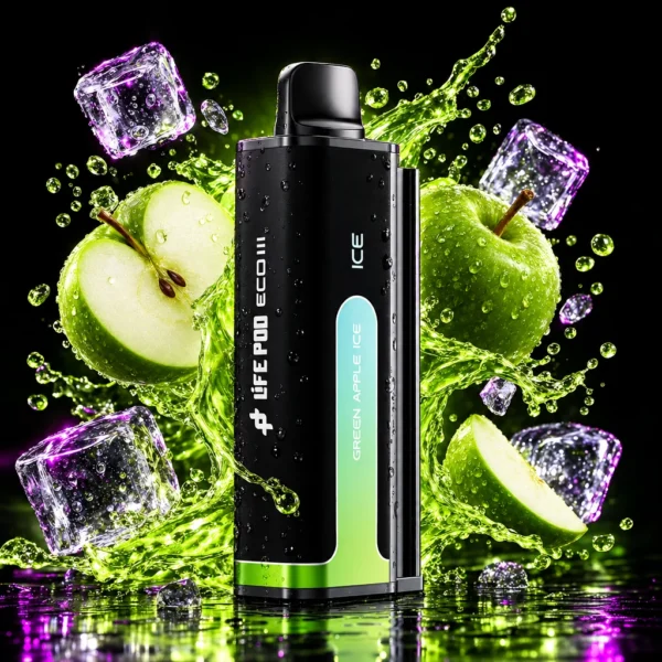Refil Life Pod Eco 3 20.000 puffs sabor Green Apple (maçã verde), cartucho de frente com splash de fruta e gelo