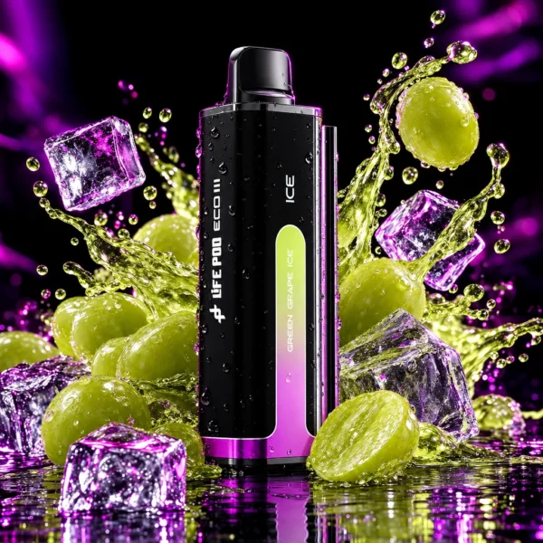 Refil Life Pod Eco 3 20.000 puffs sabor Green Grape (uva verde), cartucho de frente com splash de fruta e gelo