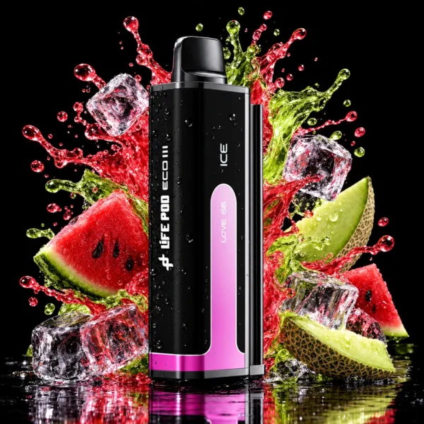 Refil Life Pod Eco 3 20.000 puffs sabor Love 66 (melão e melancia), cartucho de frente com splash de fruta e gelo