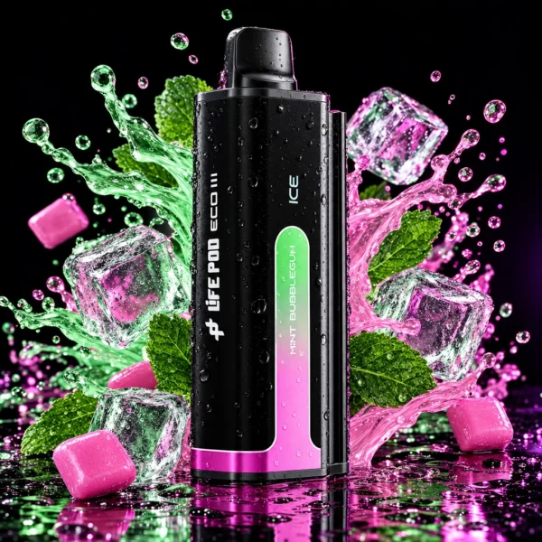Refil Life Pod Eco 3 20.000 puffs sabor Mint Bubblegum (chiclete de menta), cartucho de frente com splash de fruta e gelo