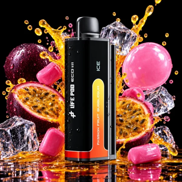 Refil Life Pod Eco 3 20.000 puffs sabor Passion Fruit Bubblegum (chiclete de maracujá), cartucho de frente com splash de fruta e gelo