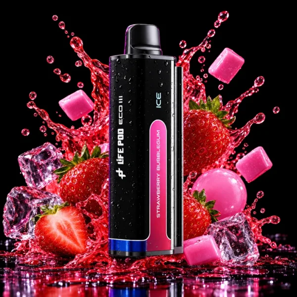 Refil Life Pod Eco 3 20.000 puffs sabor Strawberry Bubblegum (chiclete de morango), cartucho de frente com splash de fruta e gelo