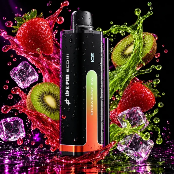 Refil Life Pod Eco 3 20.000 puffs sabor Strawberry Kiwi (morango e kiwi), cartucho de frente com splash de fruta e gelo