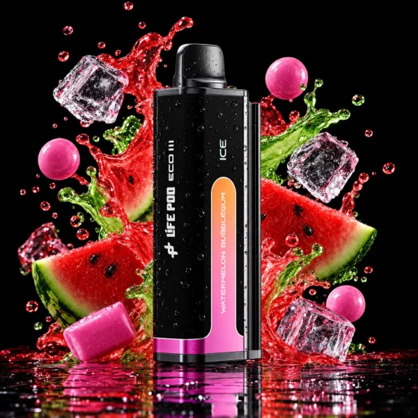 Refil Life Pod Eco 3 20.000 puffs sabor Watermelon Bubblegum (chiclete de melancia), cartucho de frente com splash de fruta e gelo